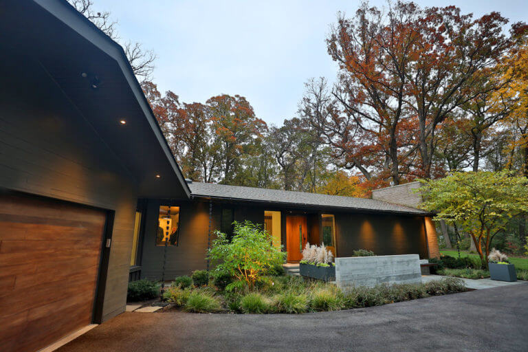 front foundation plantings at dusk for a Wheaton, IL design project