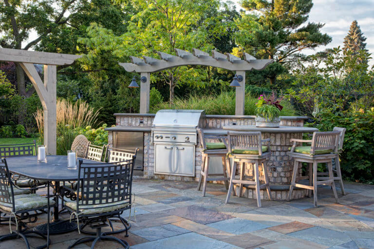 Outdoor kitchen and arbor of Thomas home in Wheaton, IL, designed & implemented by Hursthouse